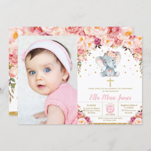 Convites Blush Floral Elephant Christening Foto do Batismo