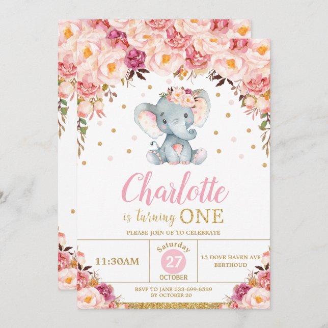 Convites Blush Floral Elephant primeiro aniversario Dourado (Frente/Verso)