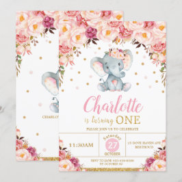 Convites Blush Floral Elephant primeiro aniversario Dourado