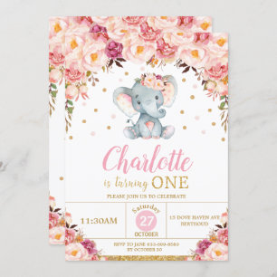 Convites Blush Floral Elephant primeiro aniversario Dourado