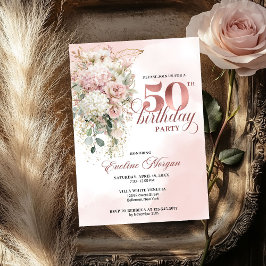 Convites Blush Floral Eucalyptus Rose Gold 50th Birthday 