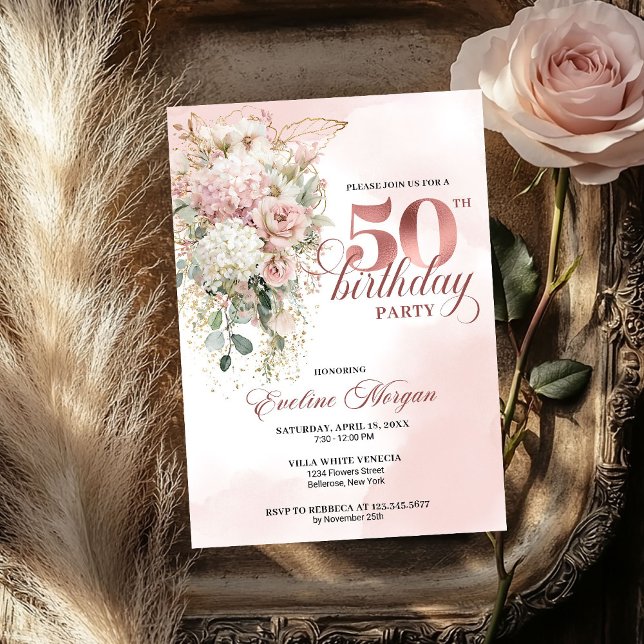 Convites Blush Floral Eucalyptus Rose Gold 50th Birthday  (Blush Floral Eucalyptus Rose Gold 50th Birthday Invite)
