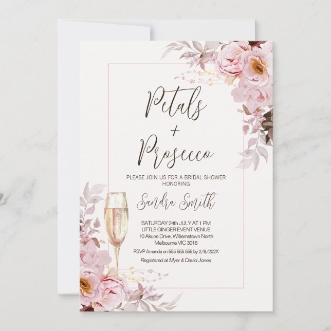 Convites Blush Floral Frame Petals Chá de panela Prosecco (Frente)