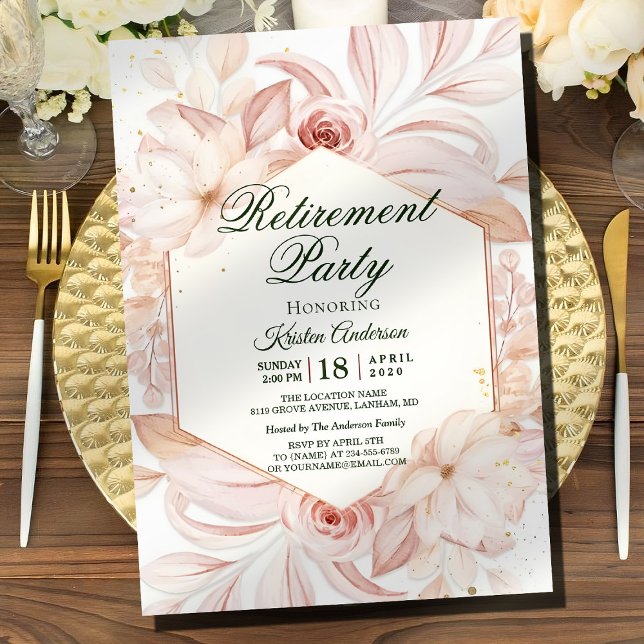 Convites Blush Floral Frame Retirement Party (Criador carregado)