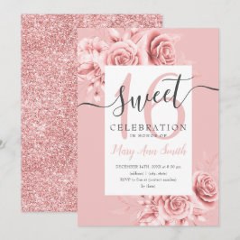 Convites Blush Floral & Glitter Sweet 16 com Floral Dourado