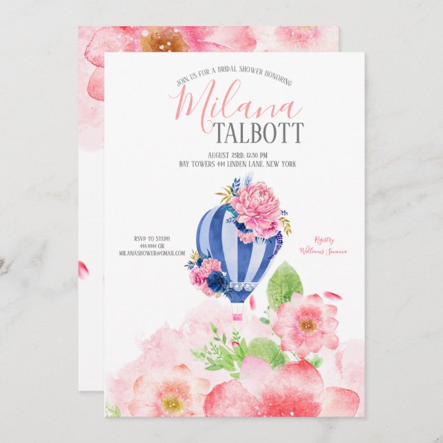 Convites Blush Floral Hot Air Balloon chá de panela (Frente/Verso)