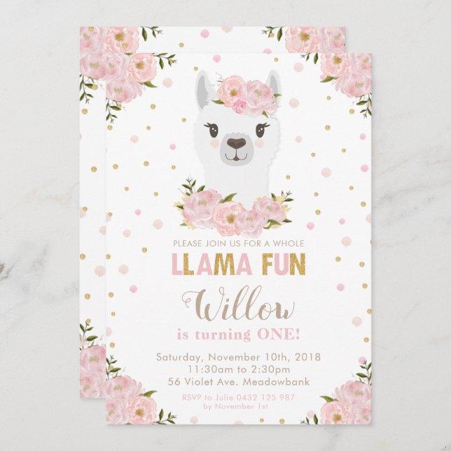 Convites Blush Floral Llama Birthday (Frente/Verso)