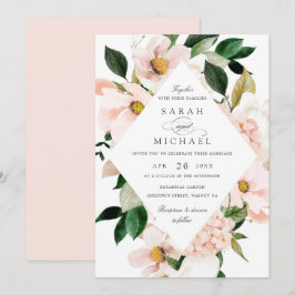 Convites Blush Floral Magnolia Hydrangea Casamento Elegante