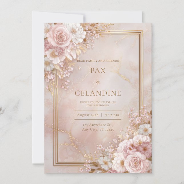 Convites Blush Floral Marble Gilded Frame Wedding (Frente)