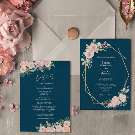 Convites Blush Floral Marinho Simples Tudo Em Um Casamento