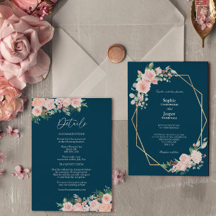 Convites Blush Floral Marinho Simples Tudo Em Um Casamento