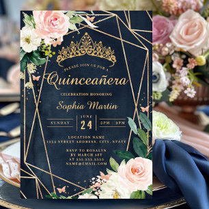 Convites Blush Floral Navy Geométrico Borboleta Quinceanera
