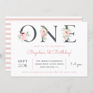 Convites Blush Floral ONE   PRIMEIRO ANIVERSARIO