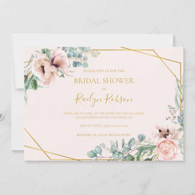 Convites Blush Floral | Pastel Chá de panela horizontal (Frente)