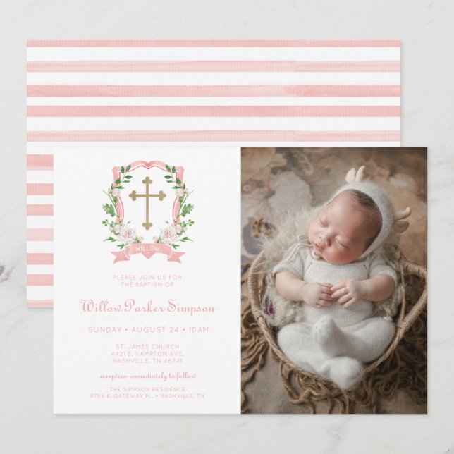 Convites Blush Floral Photo Baptism (Frente/Verso)