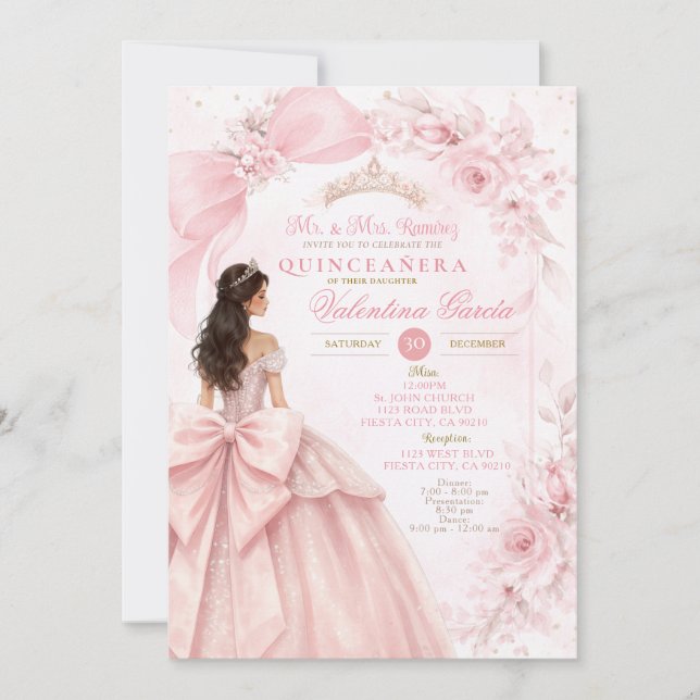 Convites Blush Floral Pink Quinceañera Invitation (Frente)