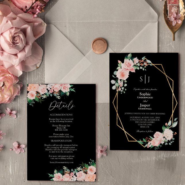Convites Blush Floral Preto Simples Monograma Casamento (Criador carregado)