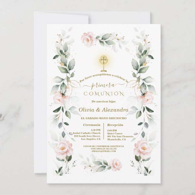 Convites Blush Floral Primera Comunión Twins Holy Communion (Frente)