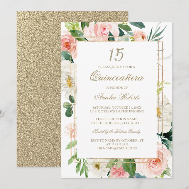 Convites Blush Floral Quinceanera Brilho Dourado (Frente/Verso)