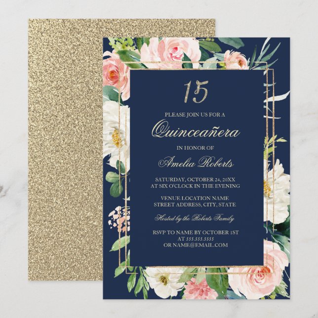 Convites Blush Floral Quinceanera com Brilho Dourado (Frente/Verso)