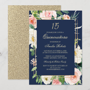 Convites Blush Floral Quinceanera com Brilho Dourado