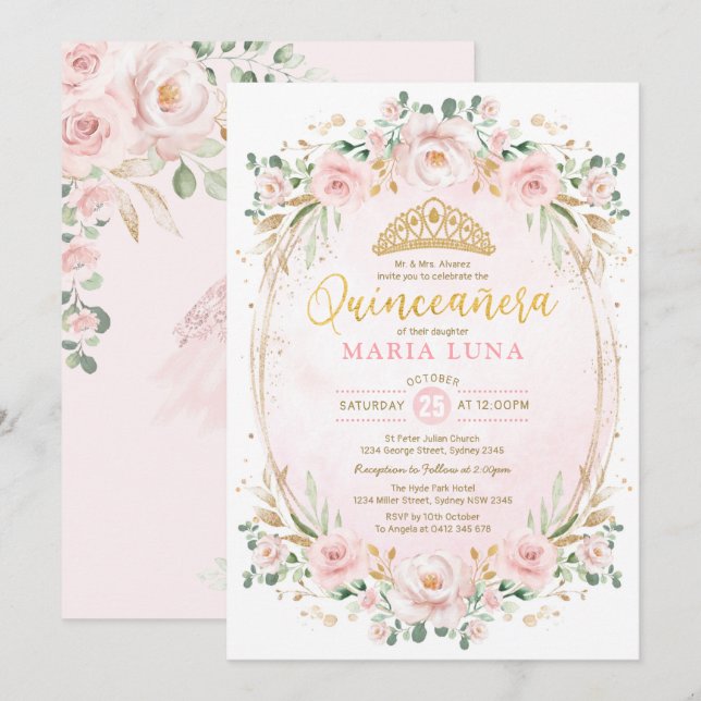 Convites Blush Floral Quinceañera Mis Quince 15 Birthday (Frente/Verso)