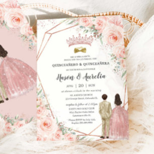 Convites Blush Floral Rosa Dourado Gêmeos Menino Menina Qui