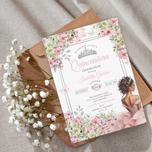 Convites Blush Floral Rosa e Verde Borboleta Quinceañera