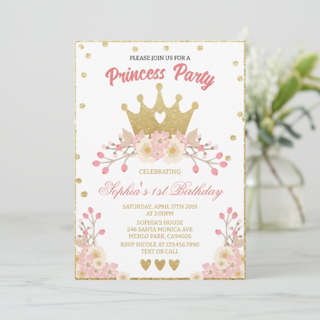 Convites Blush Floral Royal Crown Princess Festa de anivers (Em pé/Frente)