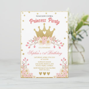 Convites Blush Floral Royal Crown Princess Festa de anivers