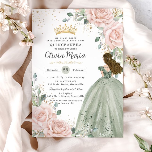Convites Blush Floral Sage Green Princess Quinceañera (pastel-soft-blush-pink-floral-roses-gold-sage-green-princess-dress-sweet-16-birthday-xv-invitation)