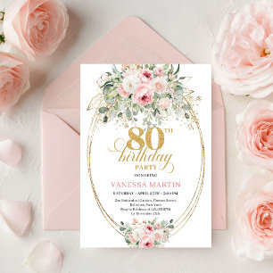 Convites Blush Floral Verde Chic Aniversário de 80 anos em