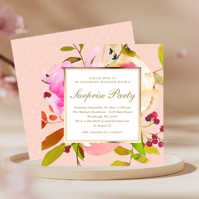 Convites Blush Floral Watercolor com Dots Surprise Party (Criador carregado)