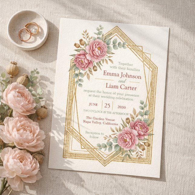Convites Blush Floral Watercolor Roses & Eucalyptus Wedding (Elegant Blush Floral Watercolor Roses & Eucalyptus Wedding Invitation)