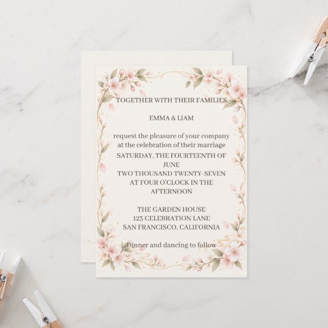 Convites Blush Floral Wedding Invitation  (Frente/Verso In Situ)
