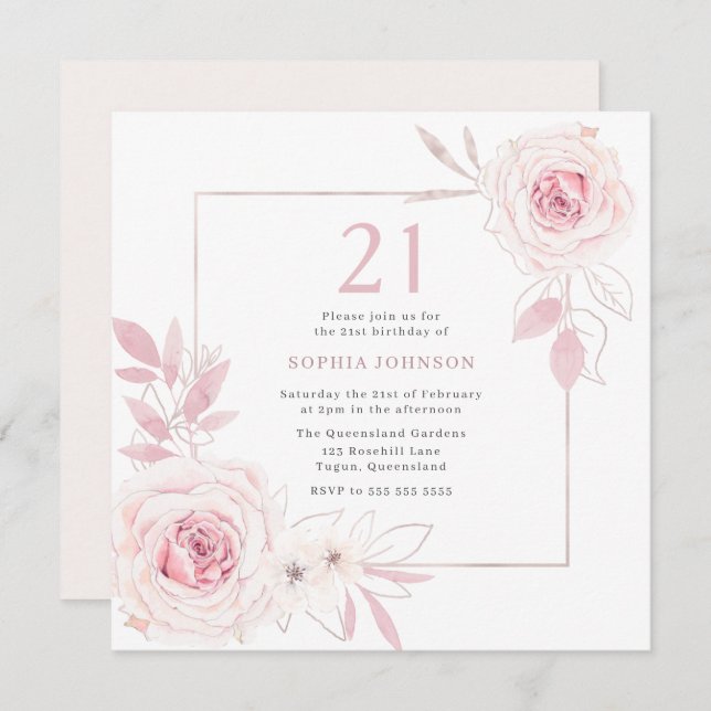 Convites Blush Floral Wreath aniversário de 21 anos (Frente/Verso)