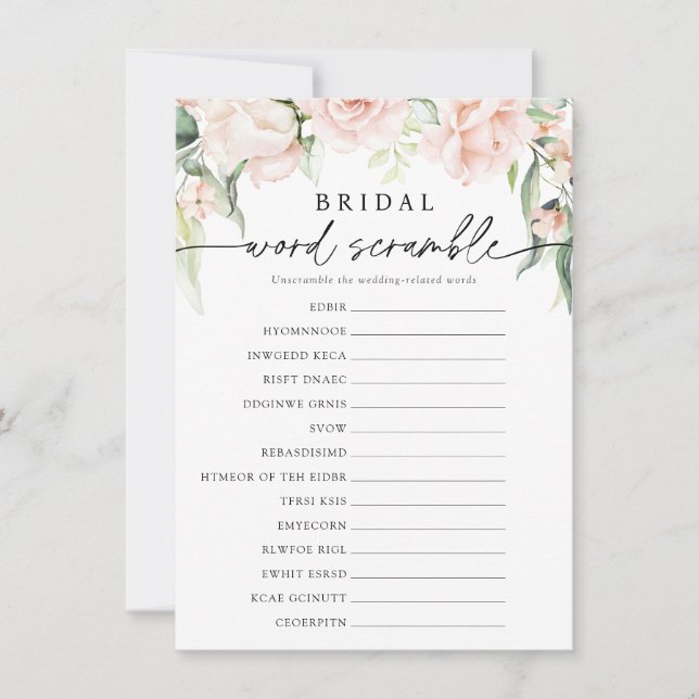 Convites Blush Florals Bridal Word Scramble Game Card (Frente)