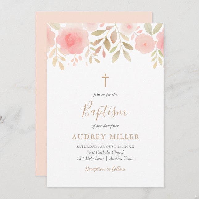 Convites Blush Florals Cross Baptism (Frente/Verso)