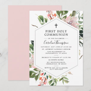 Convites Blush Florals Greenery Watercolor Primeira Comunhã