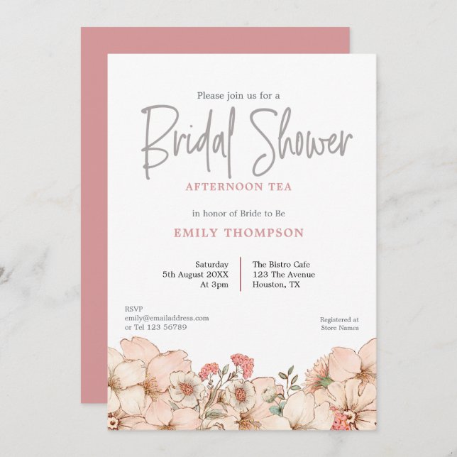 Convites Blush Florals Script Chá de panela Chamada de Tea (Frente/Verso)