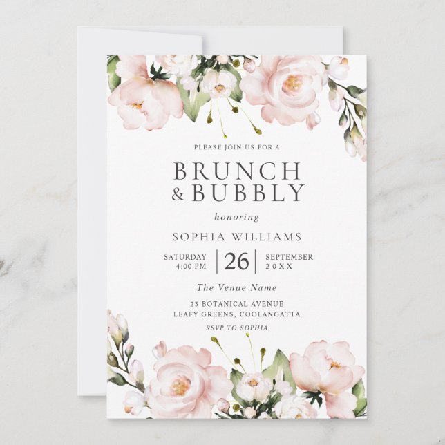 Convites Blush Flowers Brunch e Chá de panela Borracha (Frente)