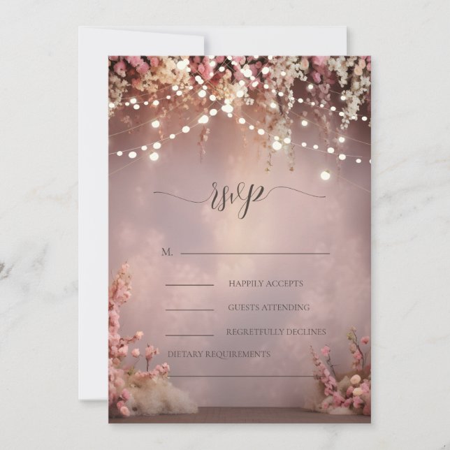Convites Blush Flowers String Lights Wedding RSVP   (Frente)