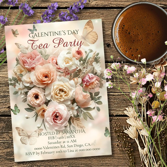 Convites Blush Garden Roses Galentine Tea Party Florals (Criador carregado)