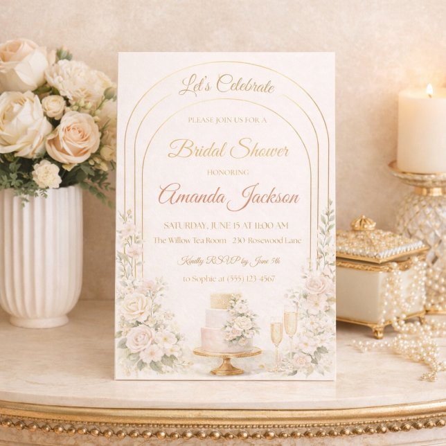 Convites Blush Gold Arch Chic Invitation (Blush florals and gold arch lines set the tone for a refined bridal shower gathering)