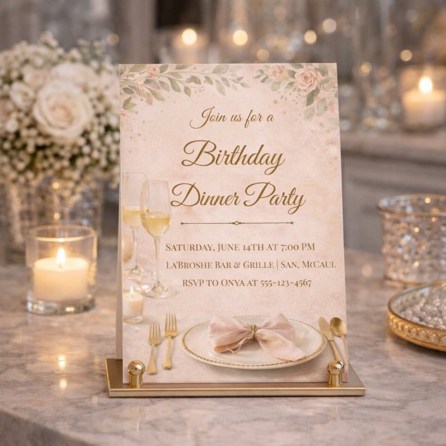 Convites Blush Gold Dinner Party Invitation (Blush florals and gold detail set the tone for a refined birthday dinner gathering)