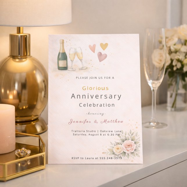 Convites Blush Gold Hearts Anniversary Invitation (Blush and gold heart design with champagne detail for a romantic anniversary evening)