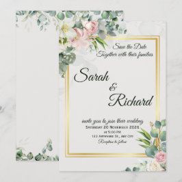 Convites Blush Greenery Gold Frame Wedding Invitation