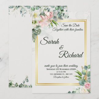 Convites Blush Greenery Gold Frame Wedding Invitation