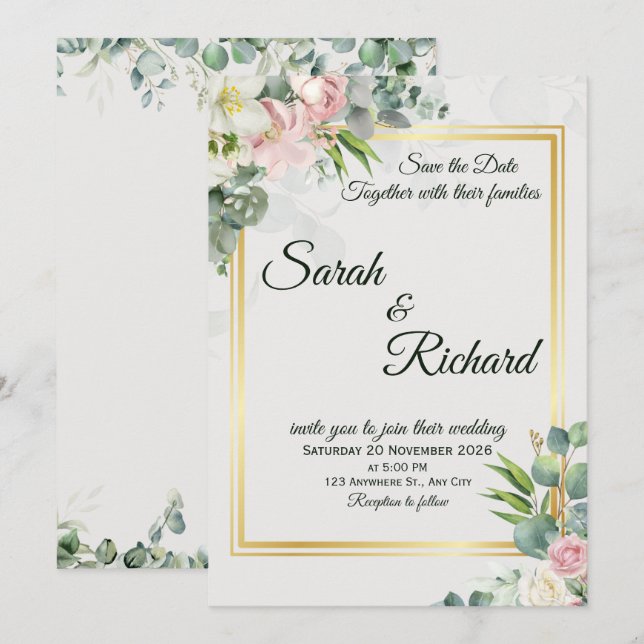 Convites Blush Greenery Gold Frame Wedding Invitation (Frente/Verso)
