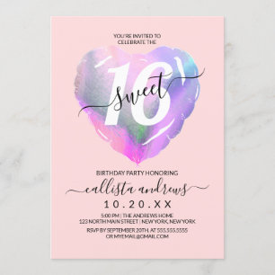 Convites Blush Holographic Foil Heart Balon Sweet 16